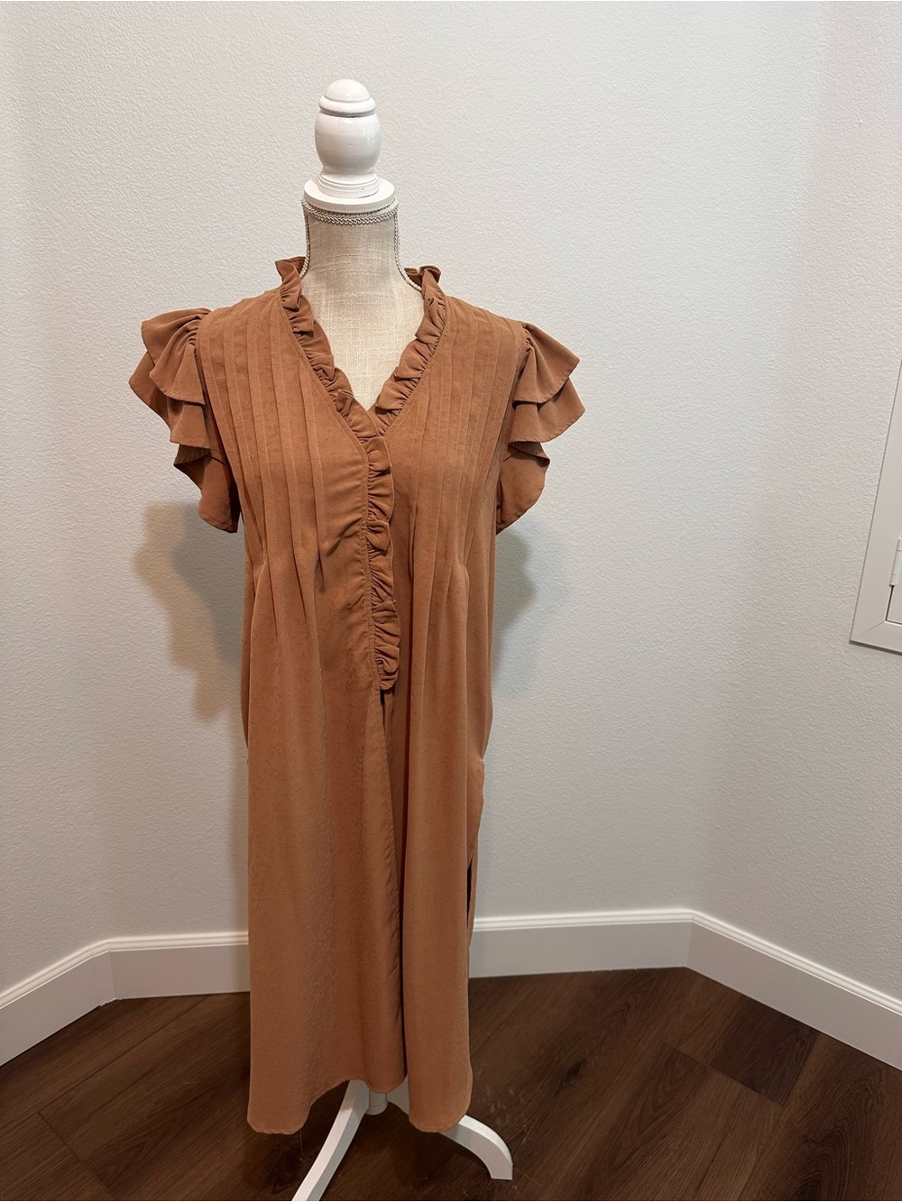 entro Tan Ruffle V-Neck Tunic with Flutter Sleeves